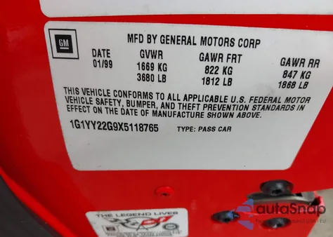 1999 Chevrolet Corvette z USA, uszkodzony, nr VIN 1G1YY22G9X5118765